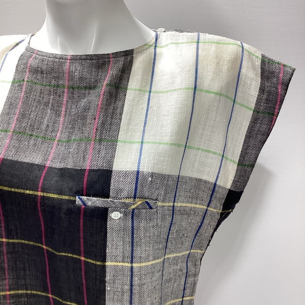 Vintage Liz Claiborne Linen Blouse Size 12 Black White Gray Plaid Grid Print - Picture 4 of 9